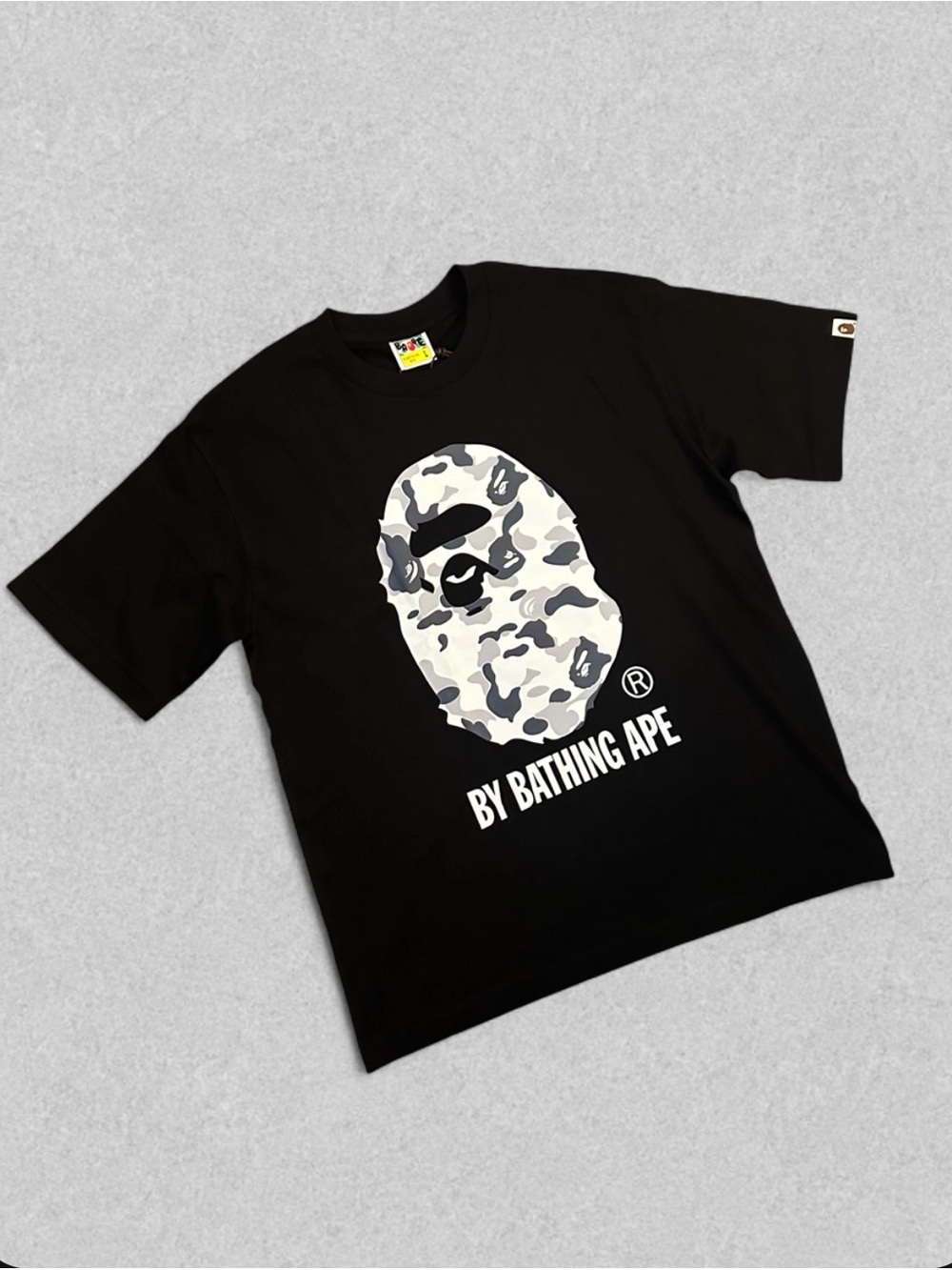 Bape Black Tee with Gray & White Camo Ape Logo